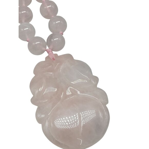 Chinese Rose Quartz Hand Knotted Mala Lotus Design Necklace 28" Vintage - Picture 9 of 16